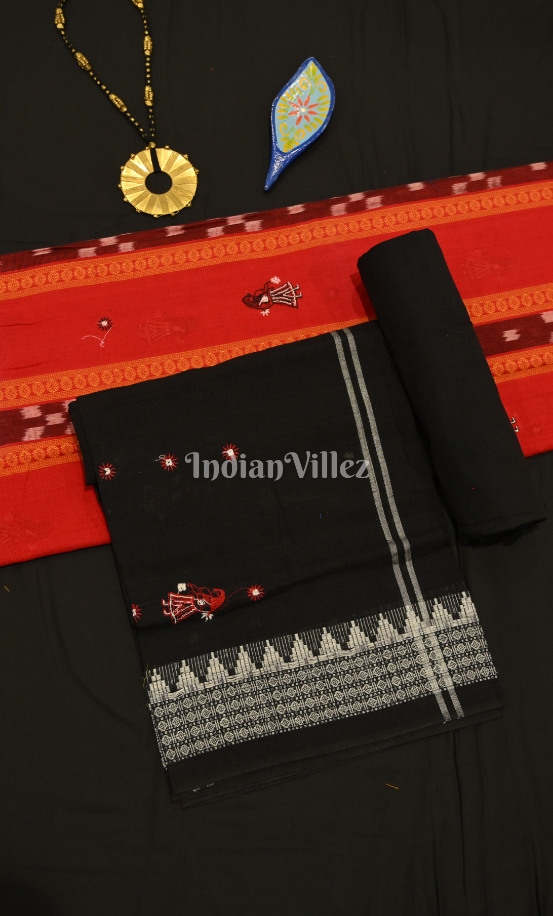 Red Black Doll Odisha Ikat Sambalpuri Cotton Dress set with Dupatta 