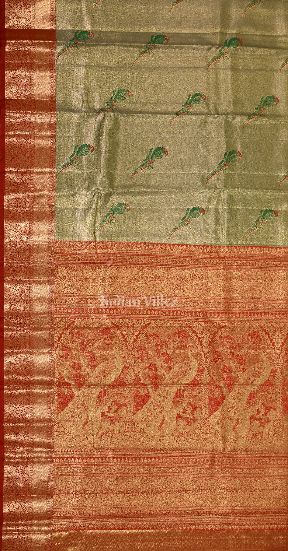 Light Parrot Green Red Pure Kanjivaram Tissue Silk Saree