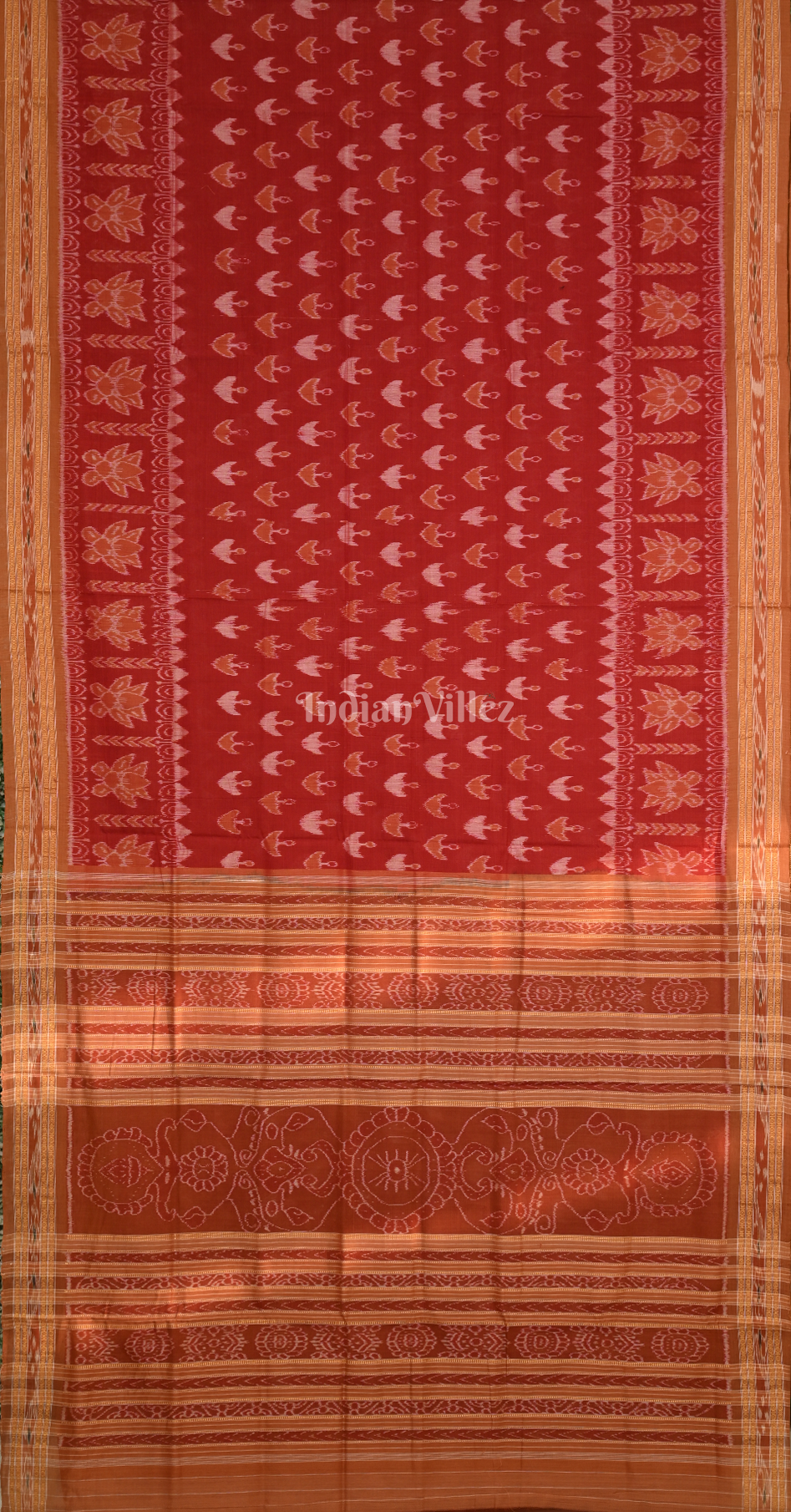 Red Mustard Yellow Diya Motif Odisha Ikat Sambalpuri Pure Cotton Saree 