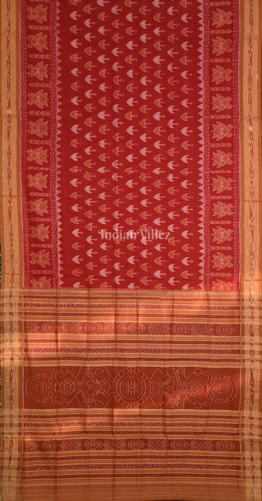 Red Mustard Yellow Diya Motif Odisha Ikat Sambalpuri Pure Cotton Saree 