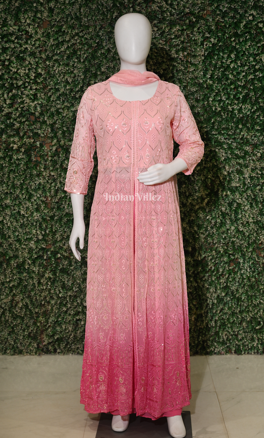 Pink Chikankari Flowy Fusion Kurta Plazzoo with Dupatta Set 