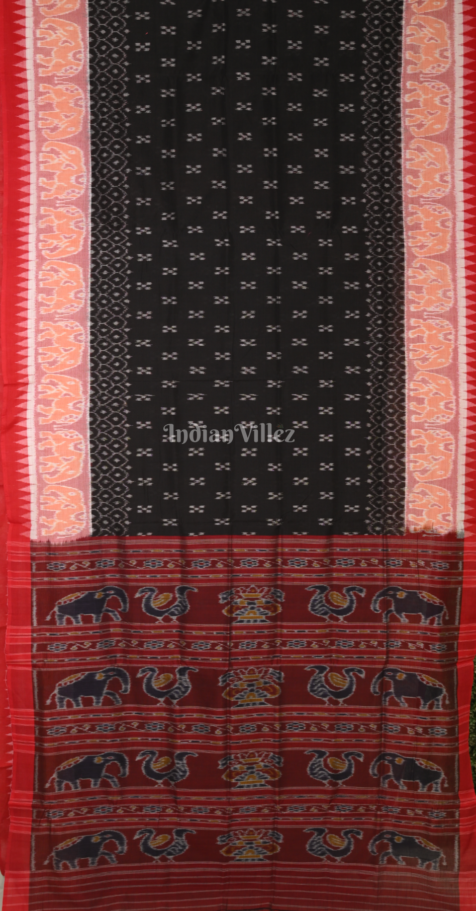 Black Maroon Elephant Scot Odisha Ikat Sambalpuri Cotton Saree 