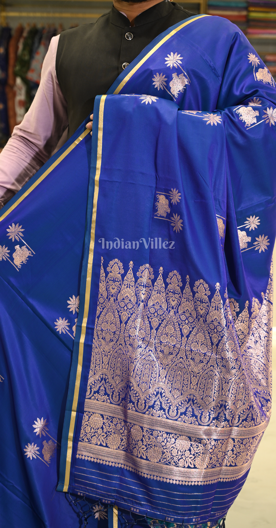 Indigo Blue Mashru Satin Banarasi Silk Saree with Pichwai Motif