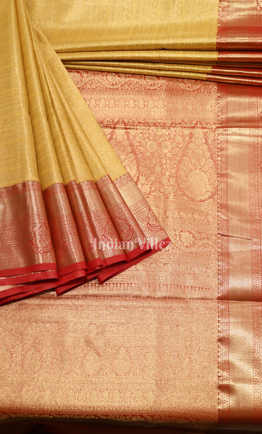 Exclusive Bridal Mustard Yellow Red Brocade Pure Kanjivaram Silk Saree 