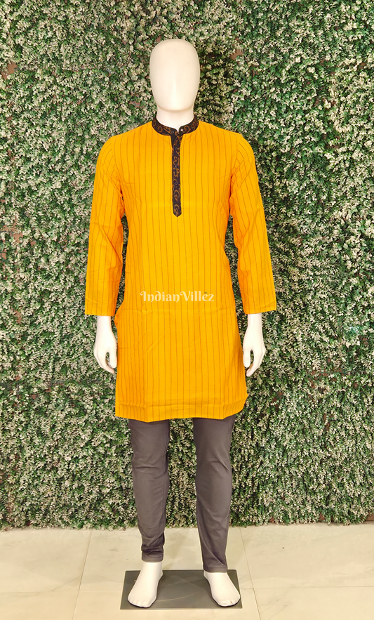  Mustard Yellow Stripped Odisha Ikat Cotton Kurta for Men