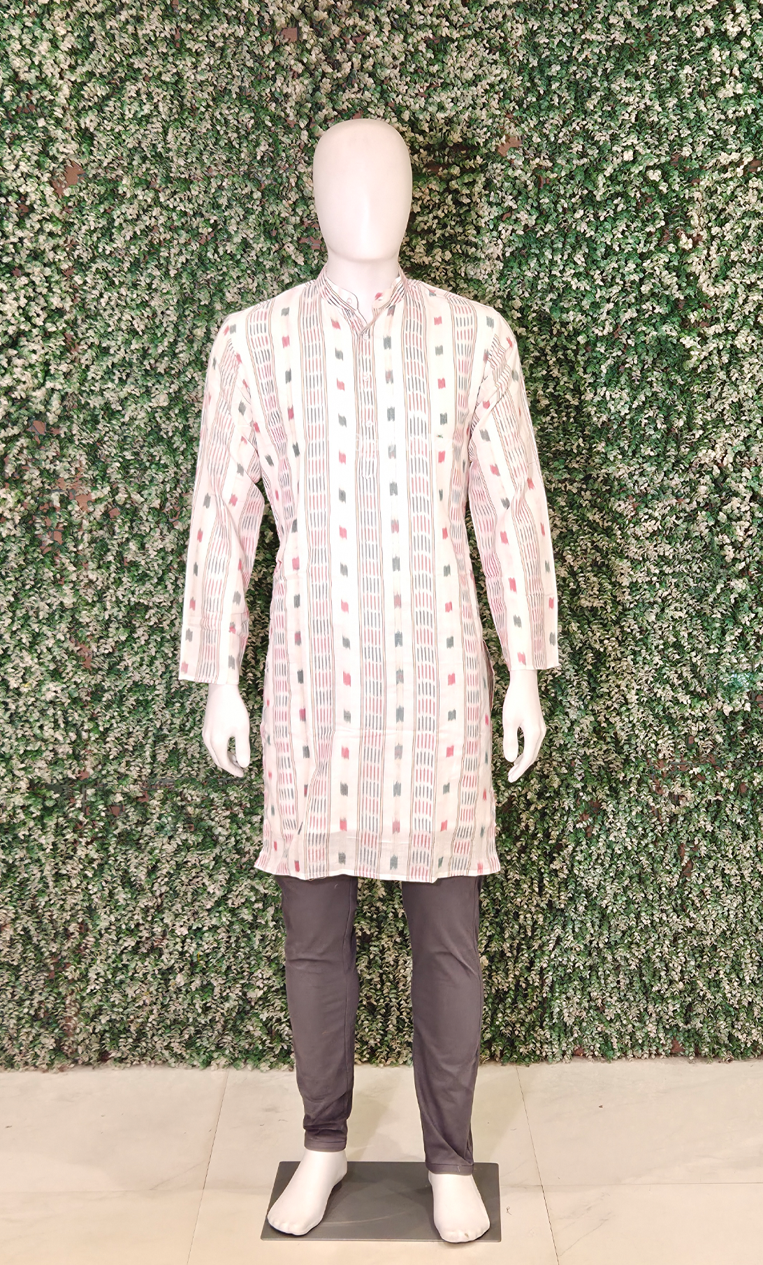 White Red  Odisha Ikat Cotton Kurta for Men 