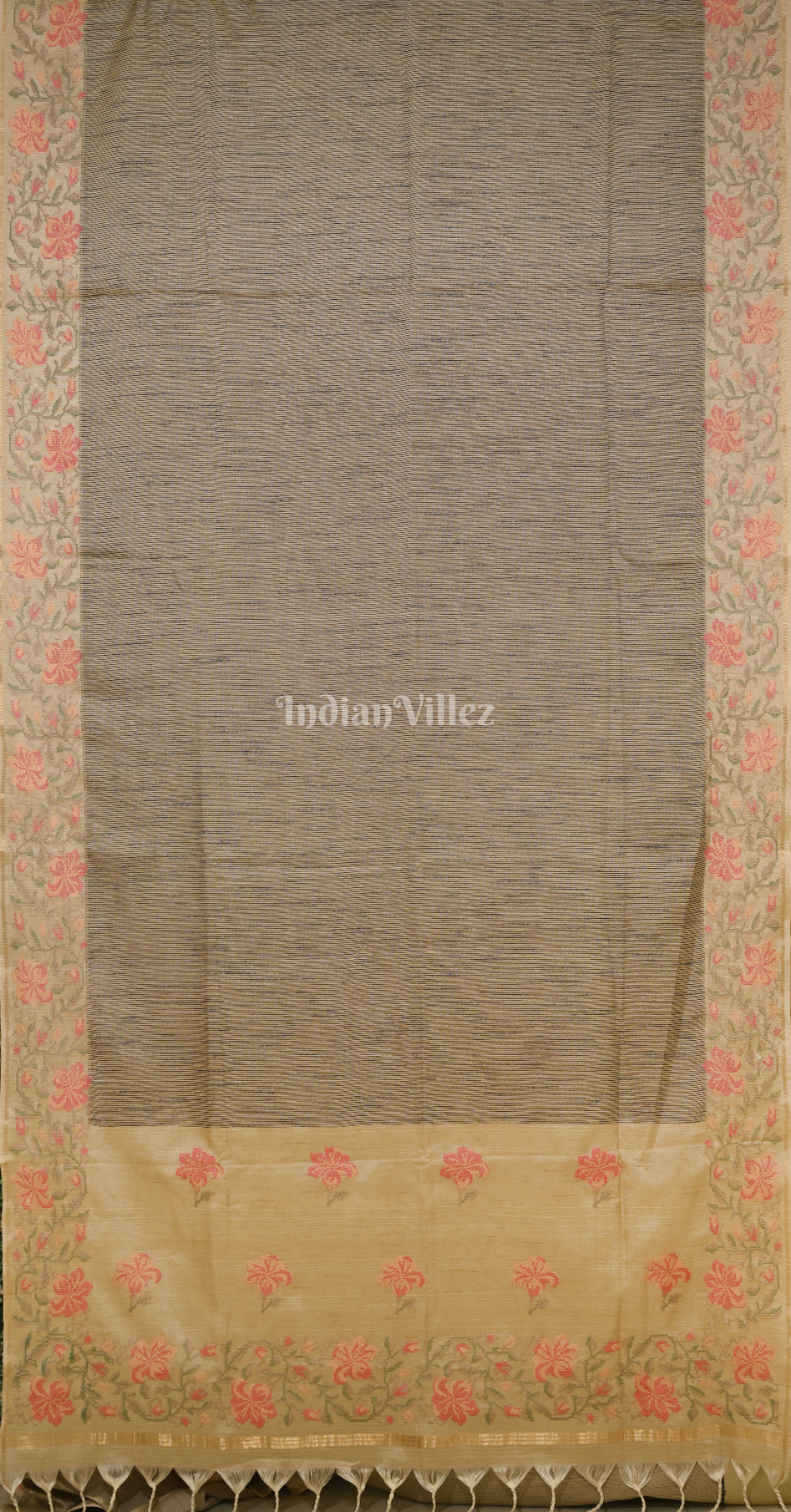 Dusty Brown Tusasr Silk Saree with Pink Floral Bird Embroidery Work 