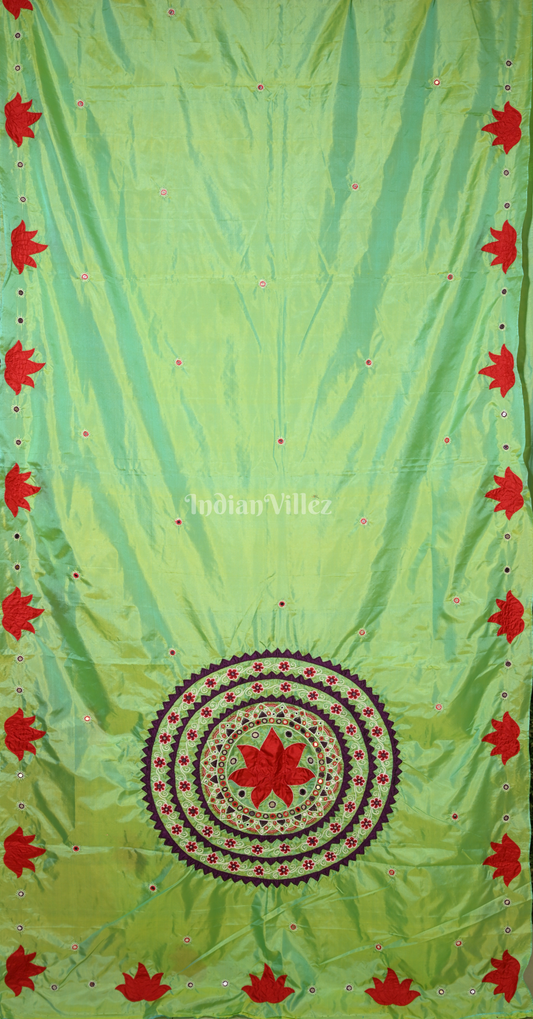 Light Green Red Hand Embroidered Applique Work Saree 