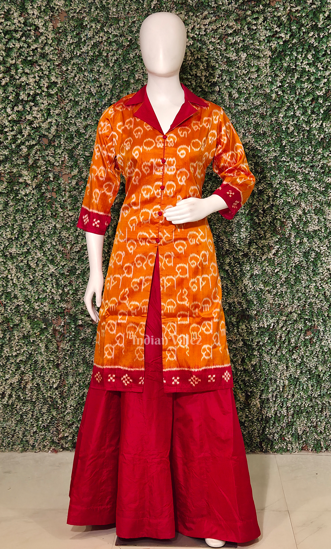 Orange Red Barnamala Odsiha Ikat Silk Kurti Set with Skirt