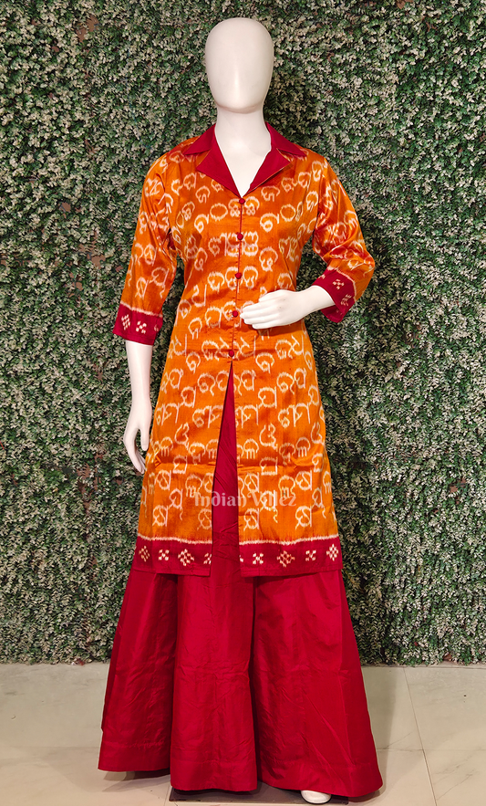 Orange Red Barnamala Odsiha Ikat Silk Kurti Set with Skirt