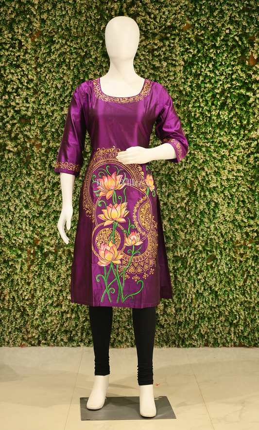 Purple Lotus Theme Hand-Painted Pattachitra Kurti 