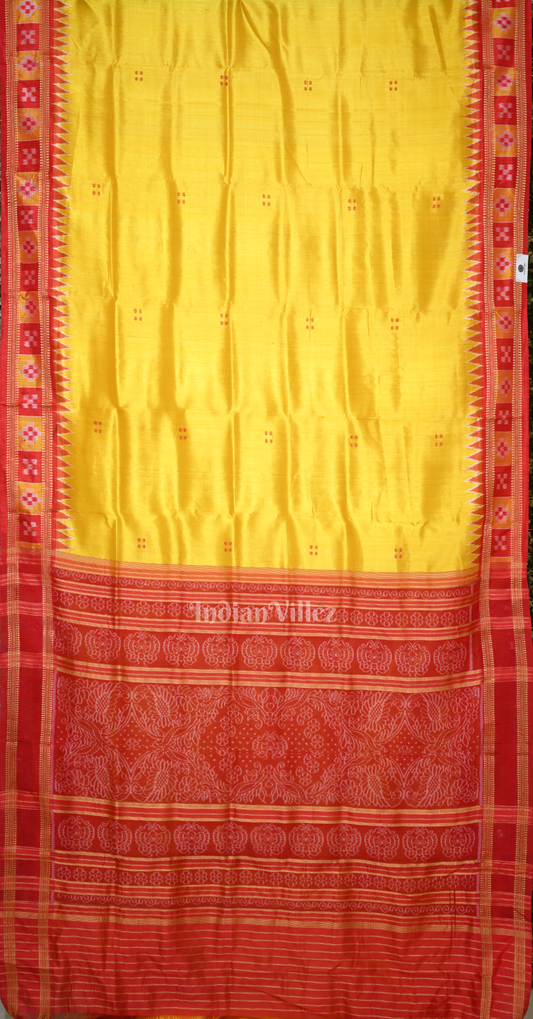 Yellow Red Buti Design Pasapali Border Odisha Ikat Khandua Silk Saree 