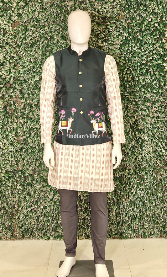 Bottle Green Pichwai Hand-Painted Pattachitra Half Bandi Jacket for Men