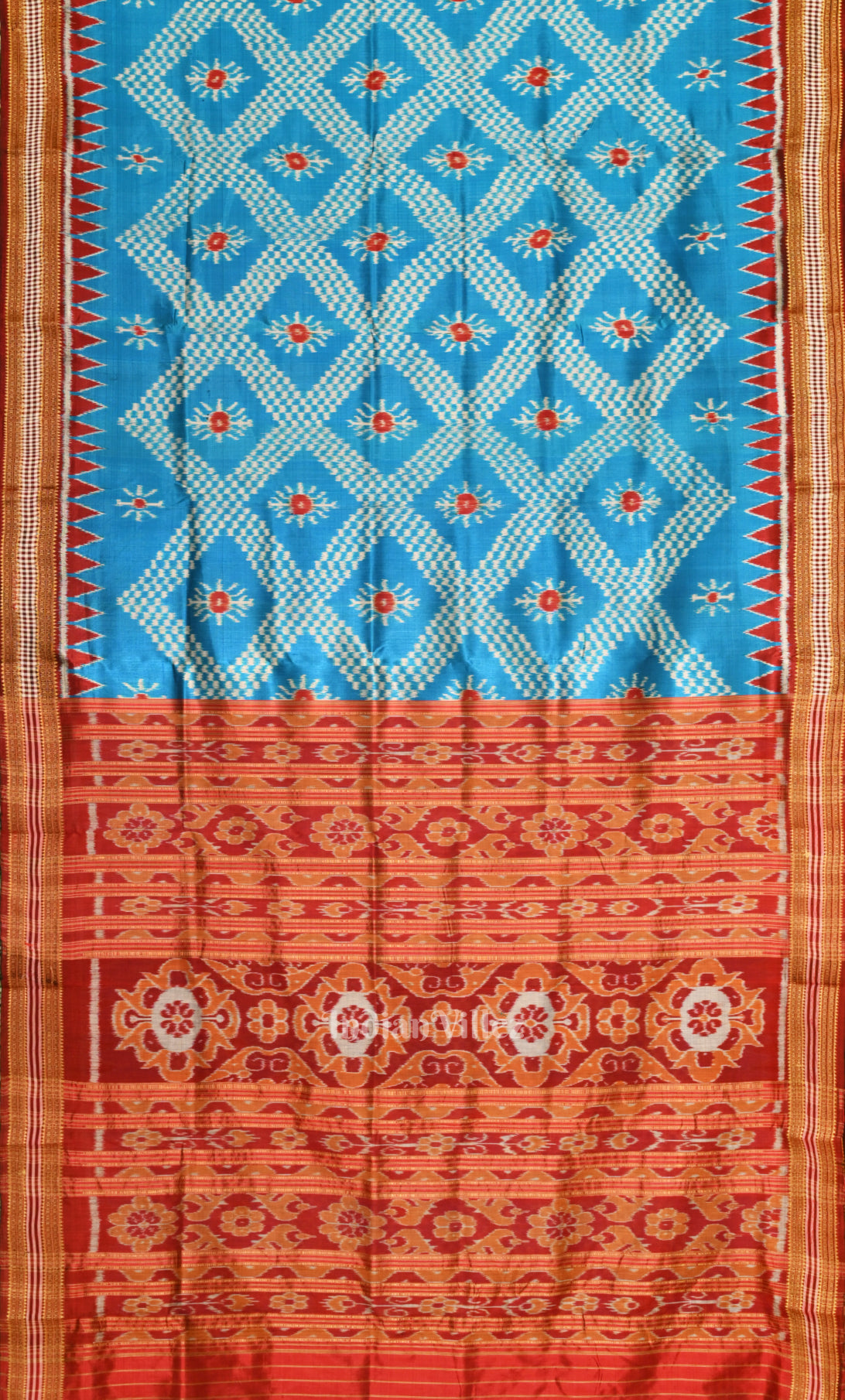 Sky Blue Red Tarabali Odisha Ikat Khandua Silk Saree