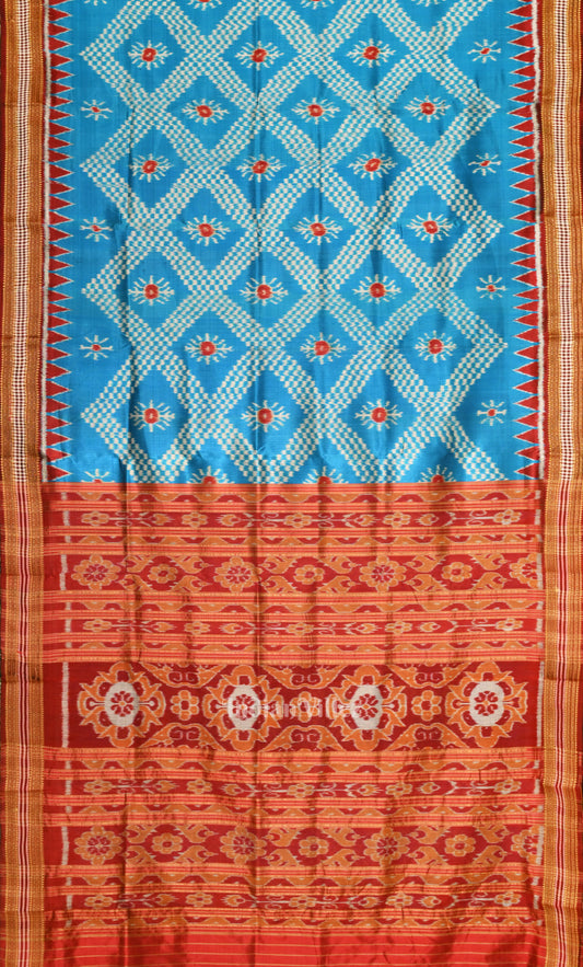 Sky Blue Red Tarabali Odisha Ikat Khandua Silk Saree