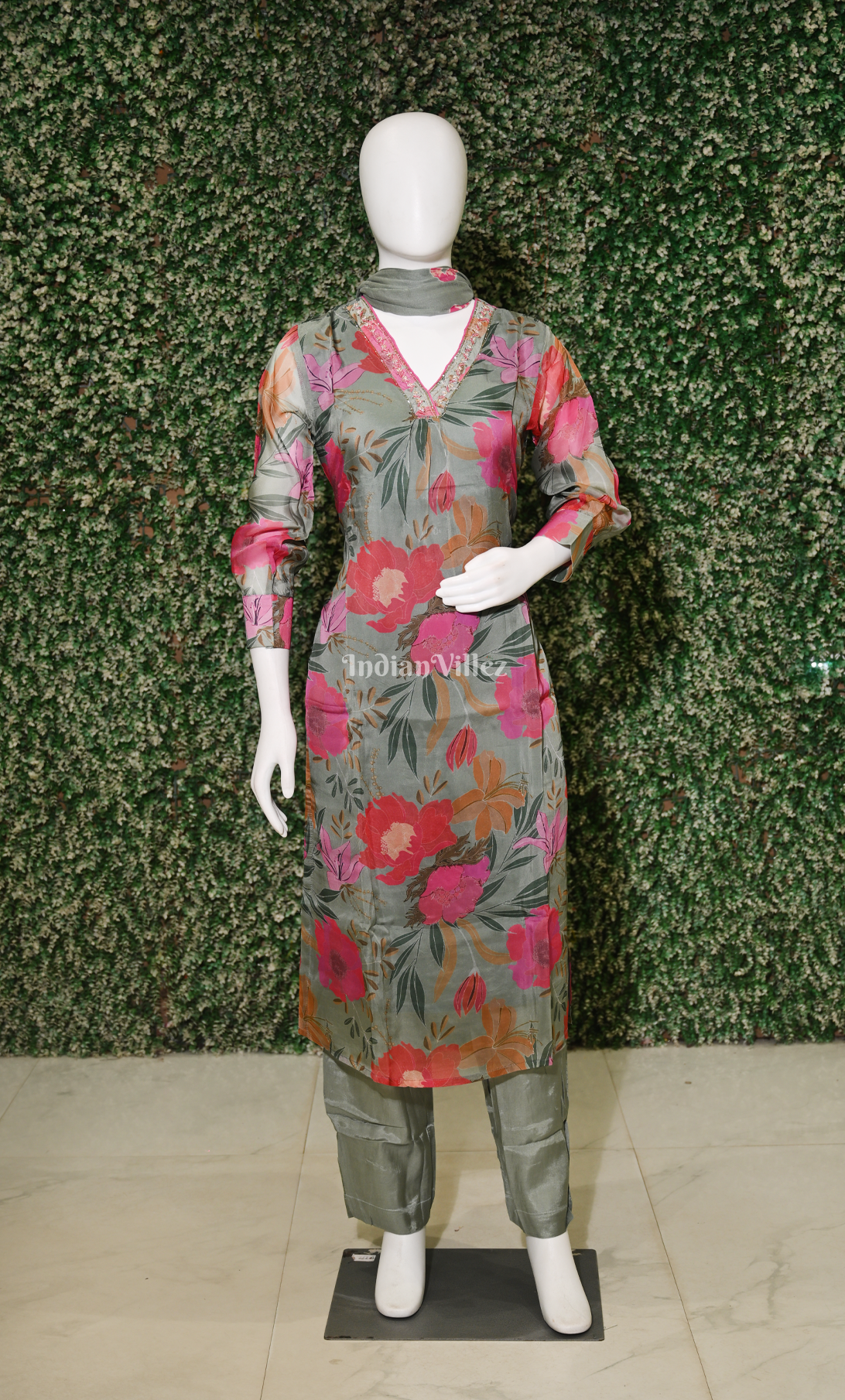 Grey with Multi Colour Floral Embroidered  Kurta Pant with Dupatta Set 