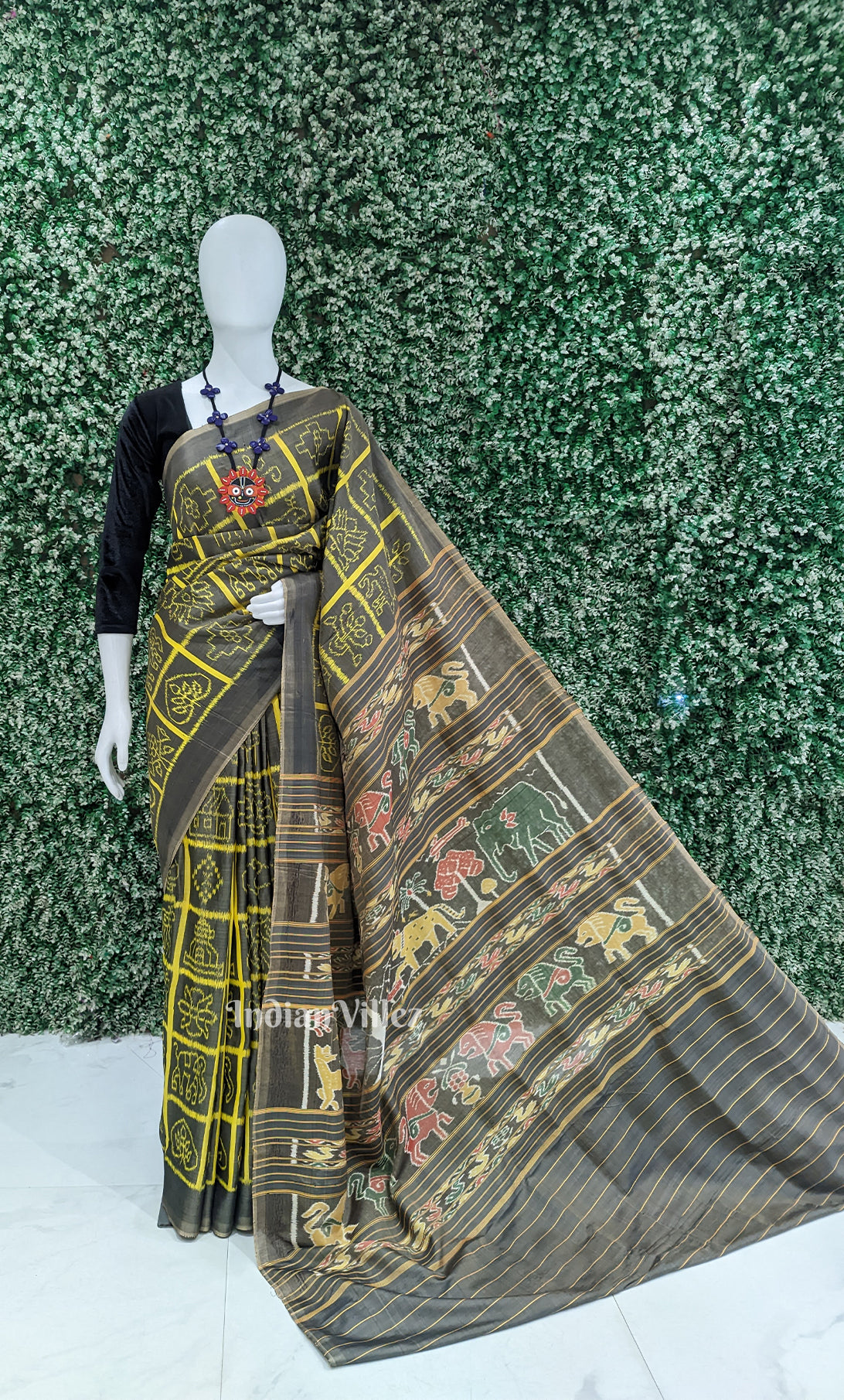 Black Green Nabakothi Odisha Ikat Contemporary Designer Silk Saree
