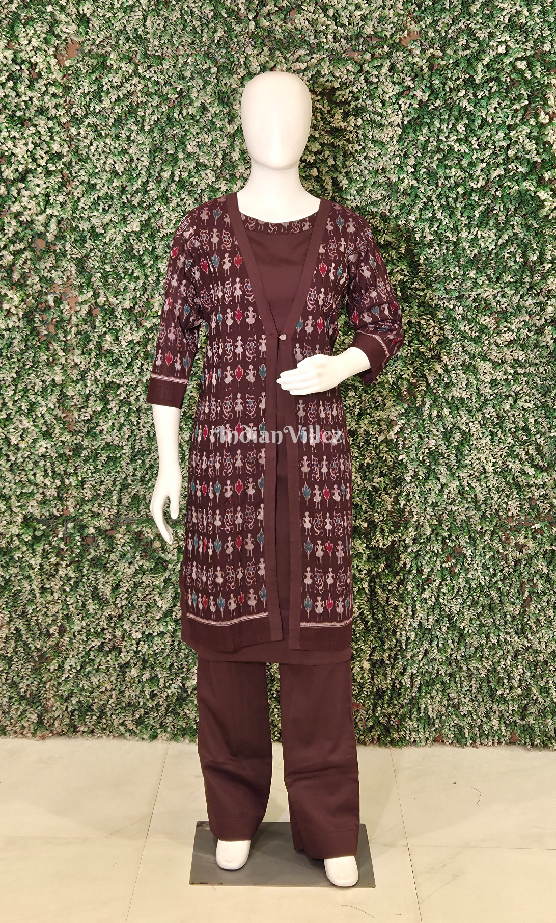 Coffee Tribal Design Odisha Ikat Designer Cotton Kurti Set with Jacket-(3 Piece Set)