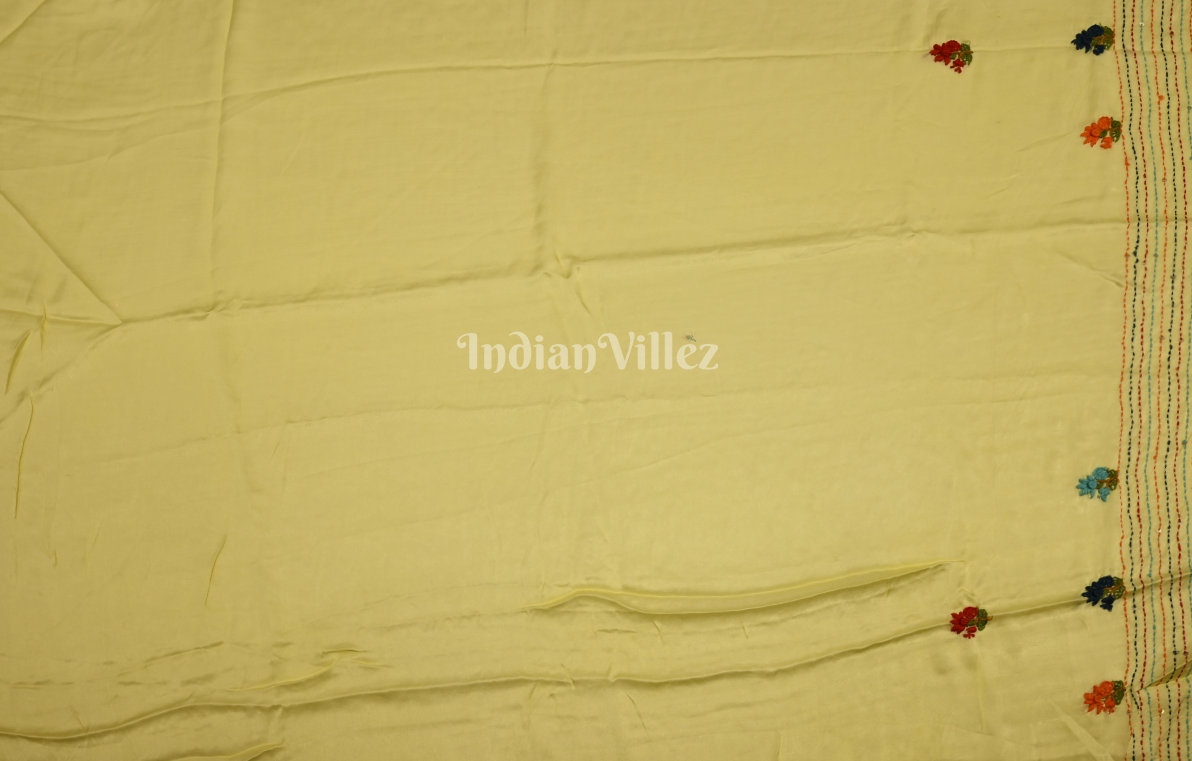 Lime Yellow Kutch Embroidery Work Gaji Silk Saree 