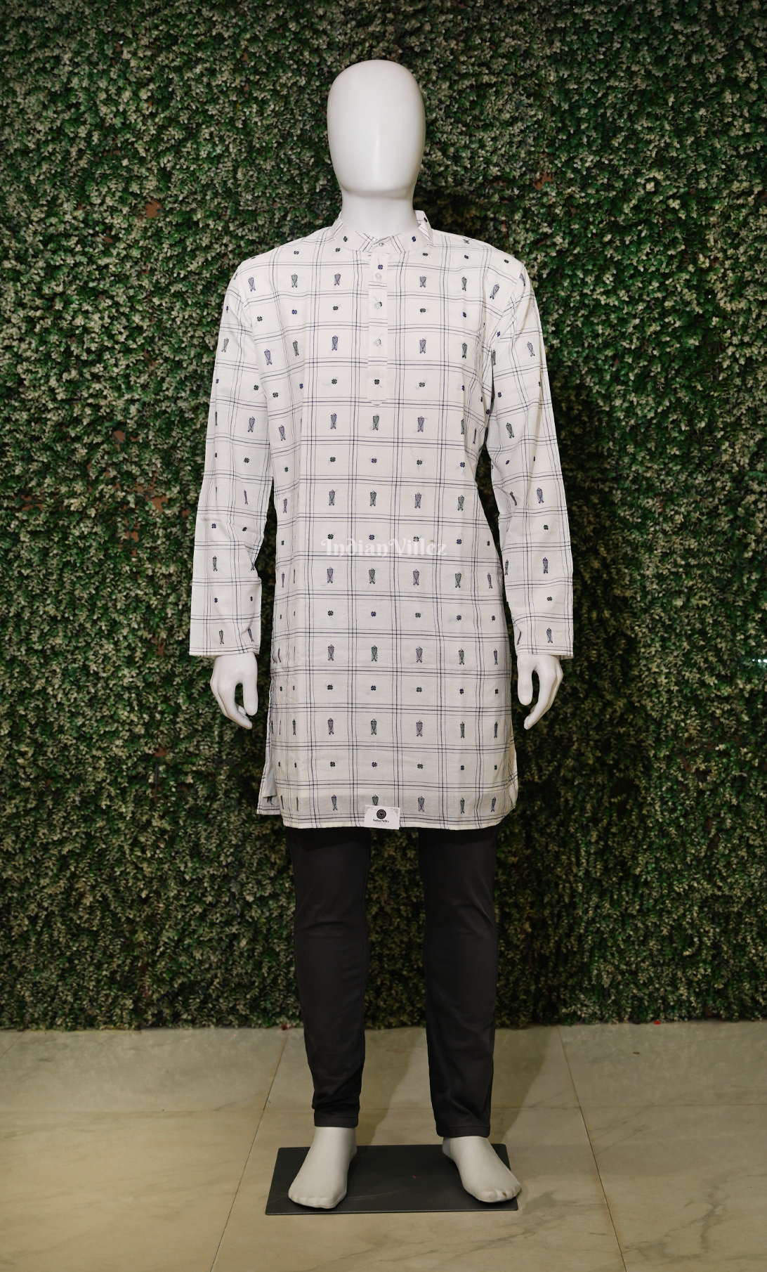 White Black Fish Motif Odisha Ikat Sambalpuri Cotton Kurta For Men