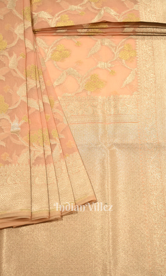 Peach Pink Chanderi Silk Banarasi Saree