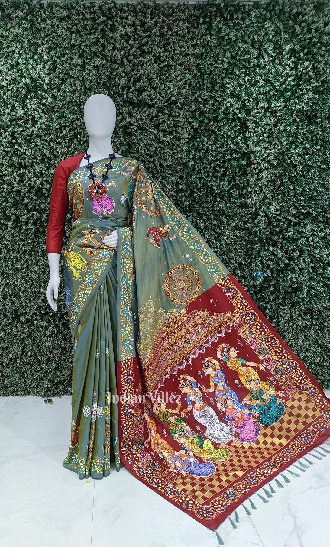 Pista Green Red Dual Tone Nartaki Konark Temple Hand-Painted Pattachitra Sare