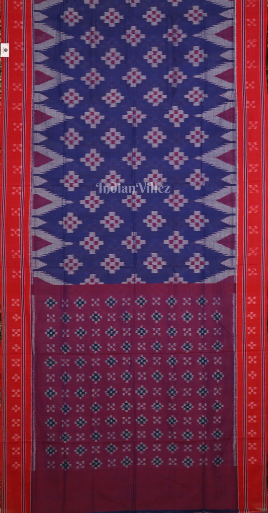 Blue Maroon Body Pasapali Odisha Ikat Sambalpuri Cotton Saree 