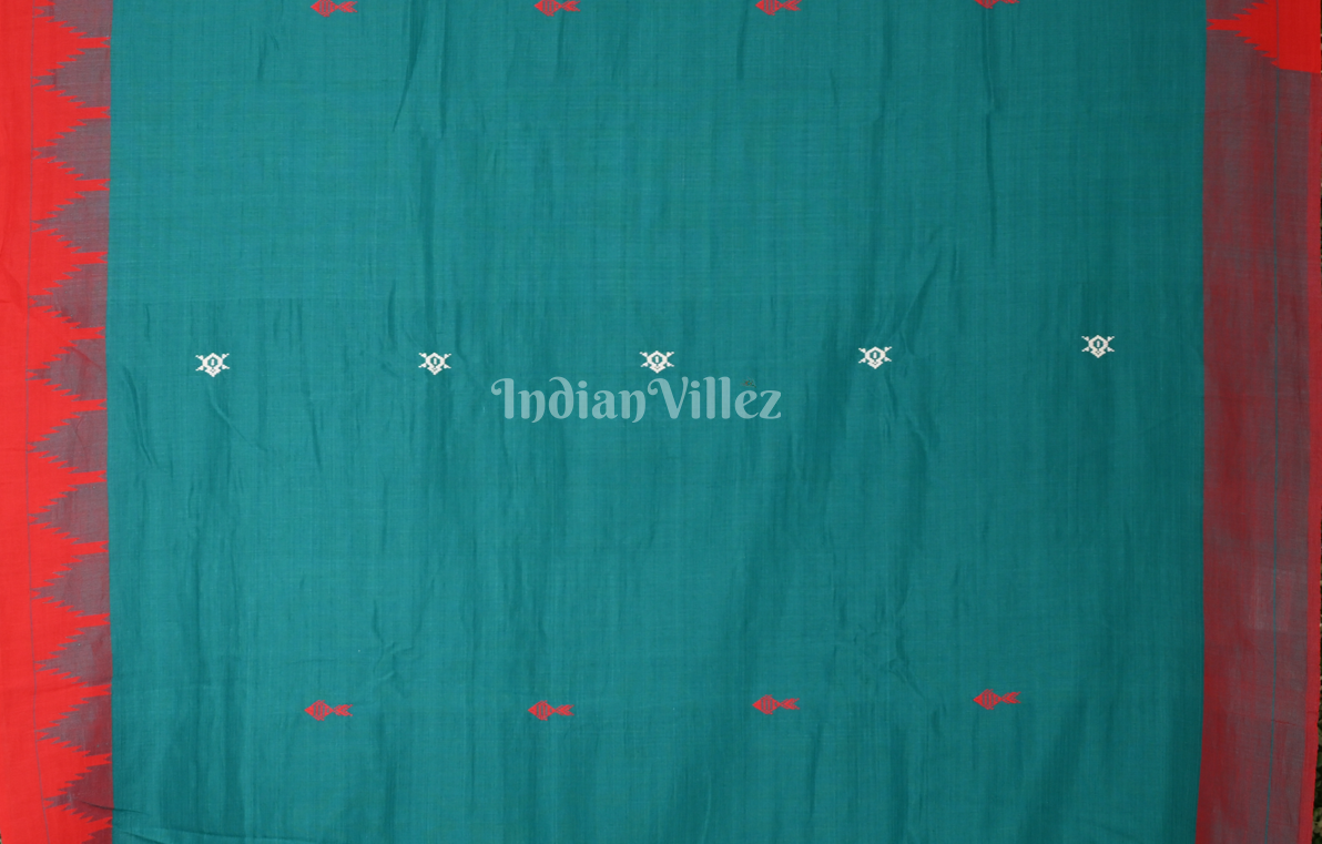 Sea Blue Red Odisha Handloom Natural Dye Kotpad Cotton Saree 