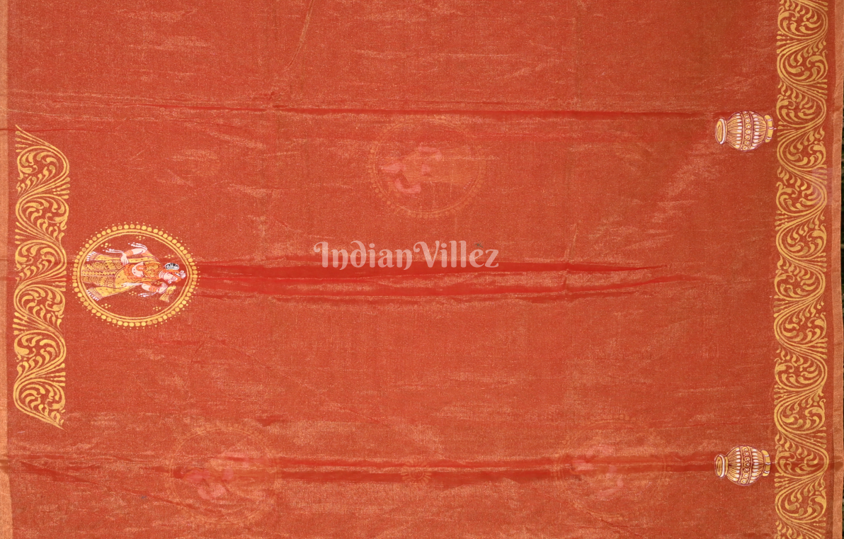 Rust Orange Golden Shringar Raas Hand- Painted Pattachitra Saree (Tissue) 