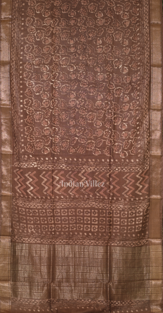 Brown Block Printed Dabu Cotton Saree 