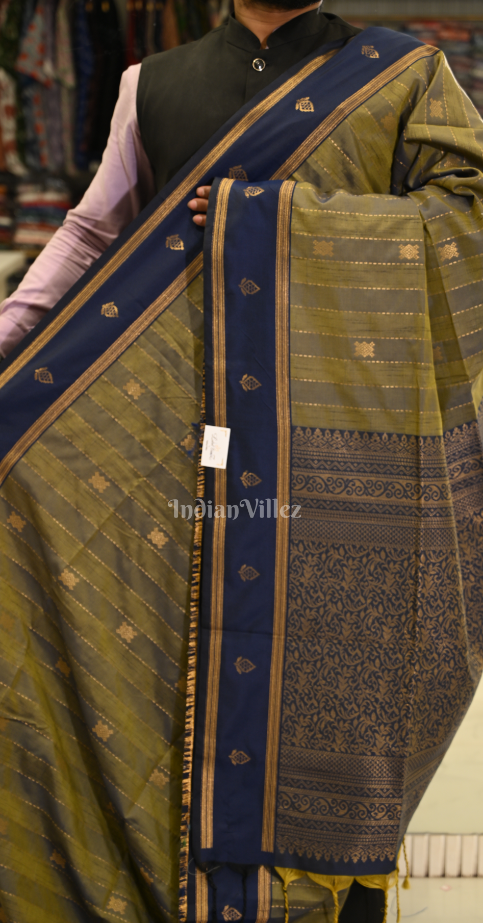 Moss Green Tussar Silk Saree with Zari weave