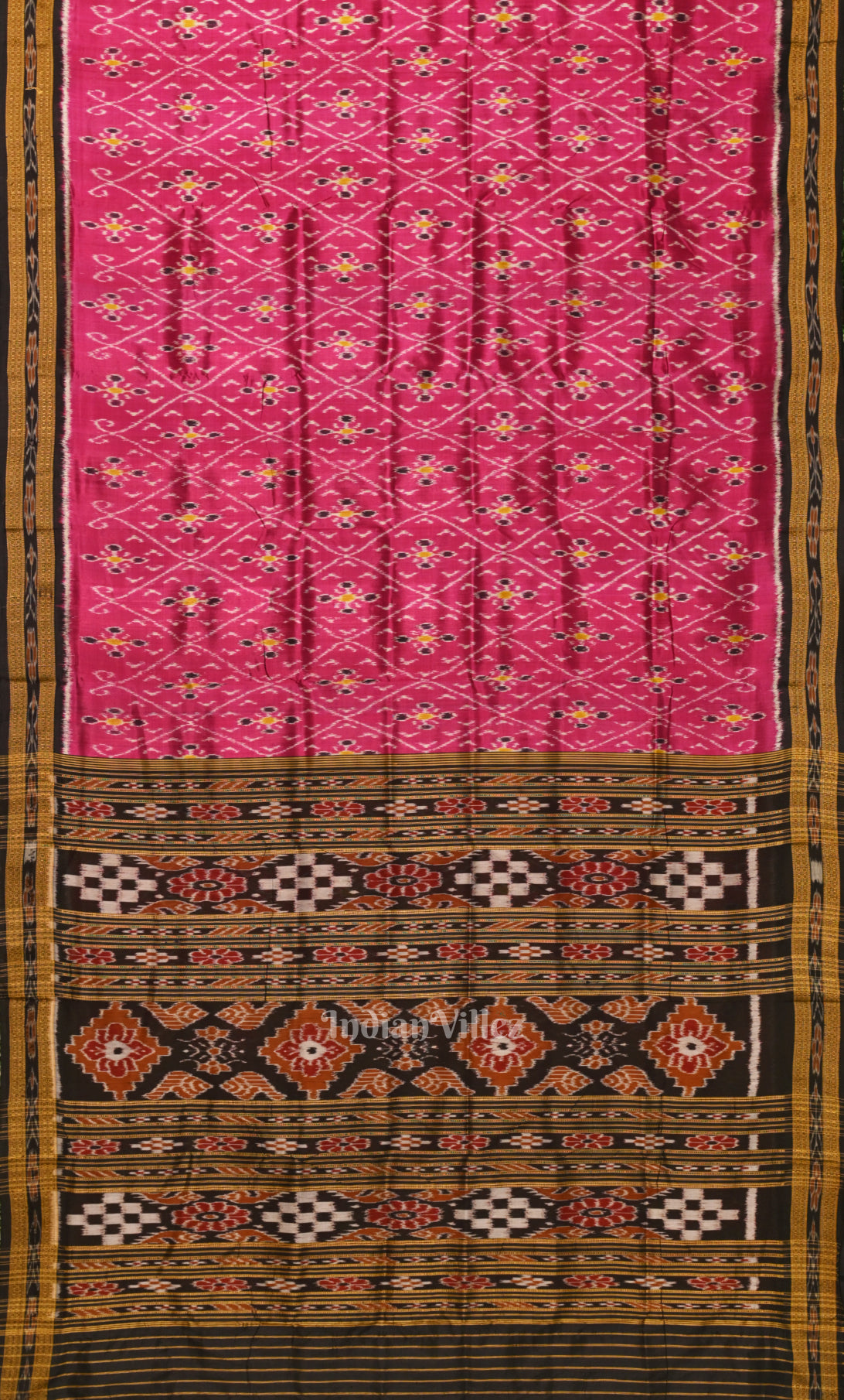 Magenta  Pink Black Tribal Theme Odisha Ikat Khandua Silk Saree