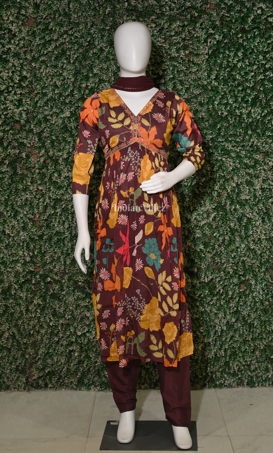 Multi Color Abstract Floral Print Kurta Plazzoo with Dupatta Set 