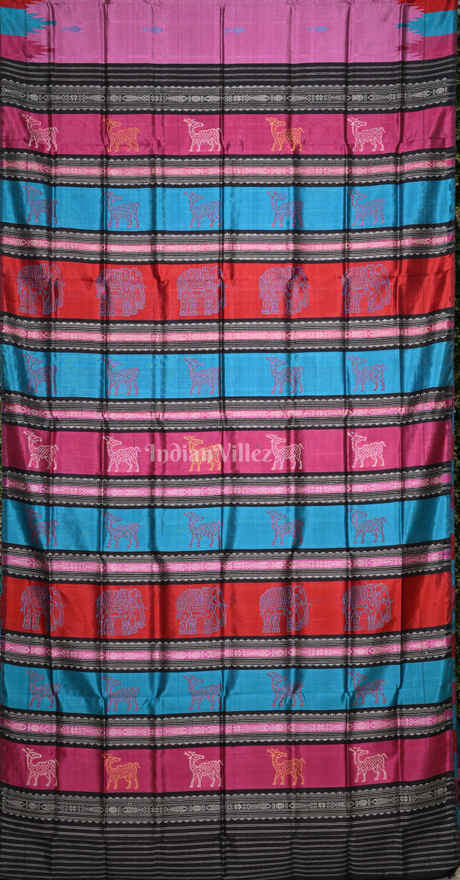 Rani Pink Blue Fish Motif Double Pallu Berhampuri Silk Saree 
