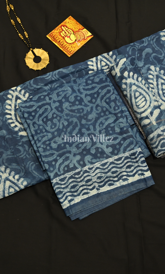 Blue White Dabu Block Printed Cotton Suit Sets 