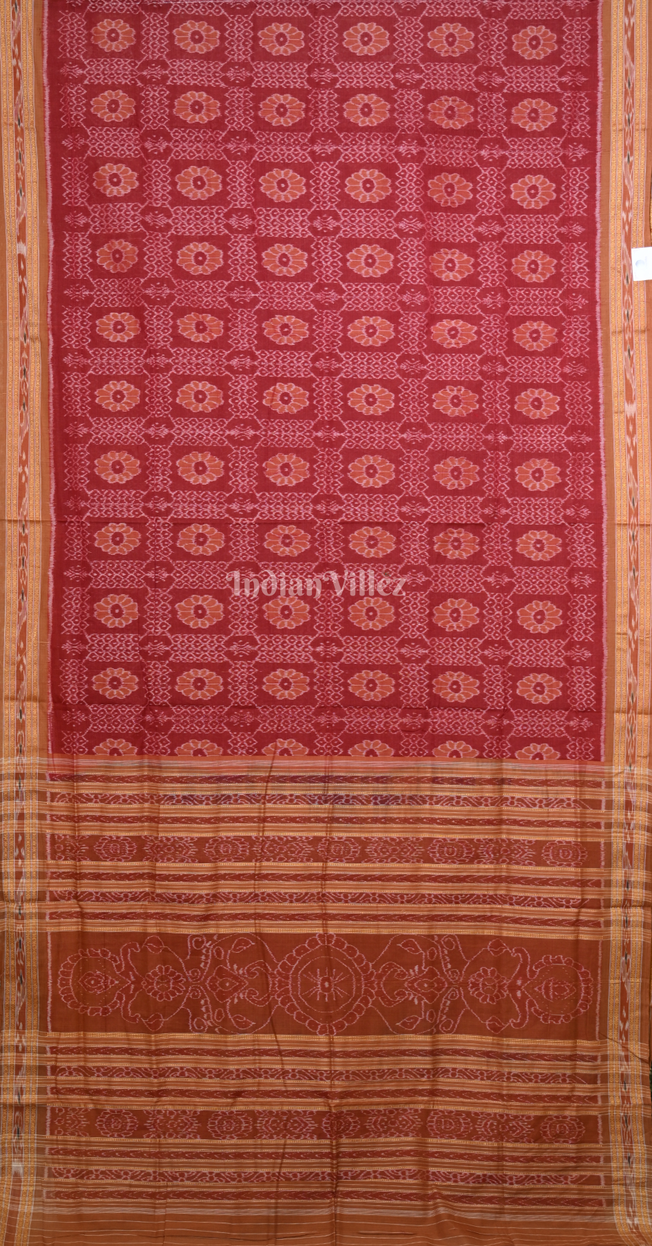 Red Rust Orange Flower Motif Odisha Ikat Sambalpuri Cotton Saree