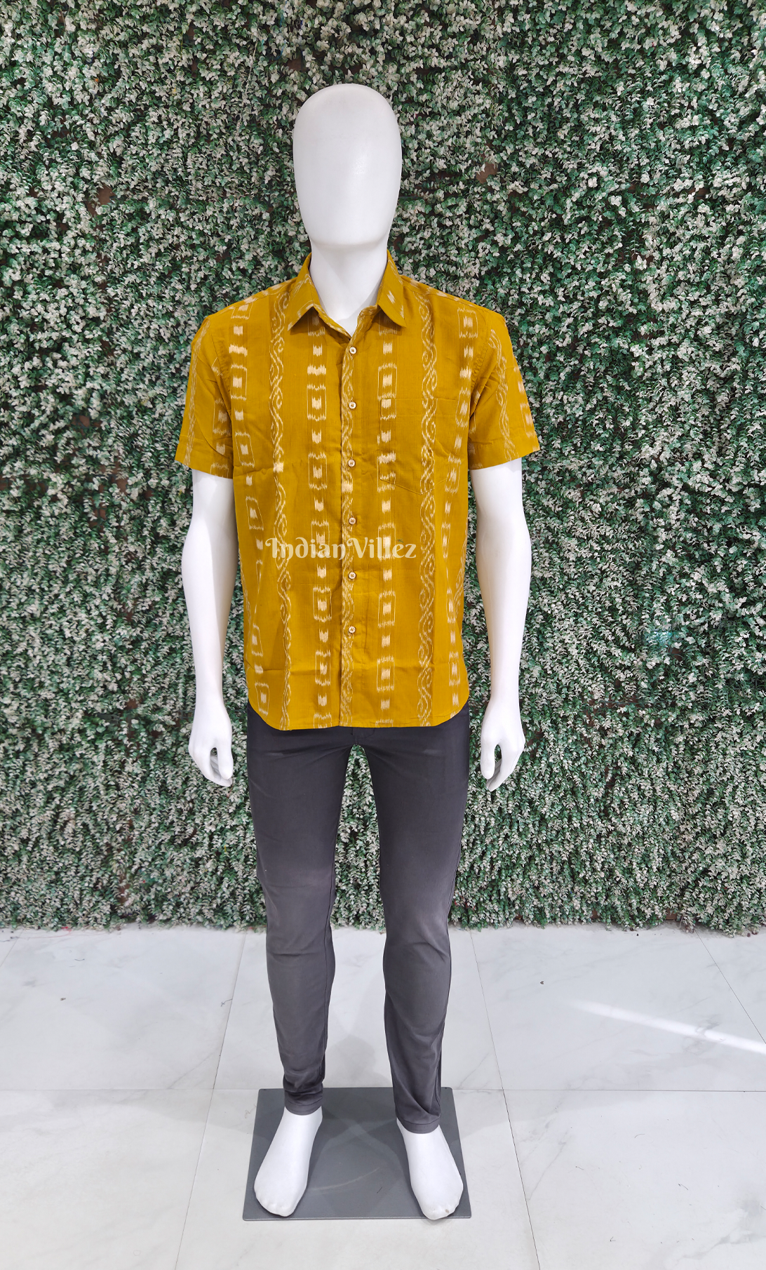 Mustard Yellow Tipa Design Odisha Ikat Cotton Half Sleeve Shirt for Men 