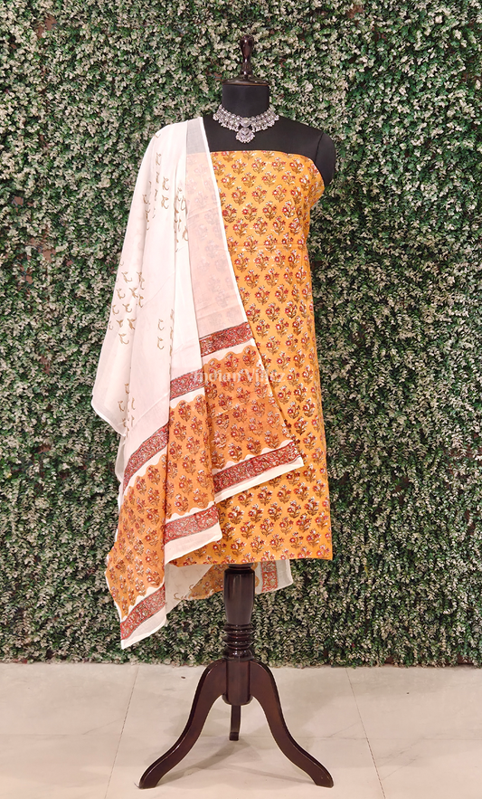 Orange Yellow Sanganeri Block Printed Cotton Suit Sets