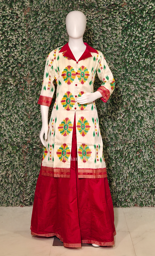 Off Whie Red Baghambari Odsiha Ikat Silk Kurti Set with Skirt