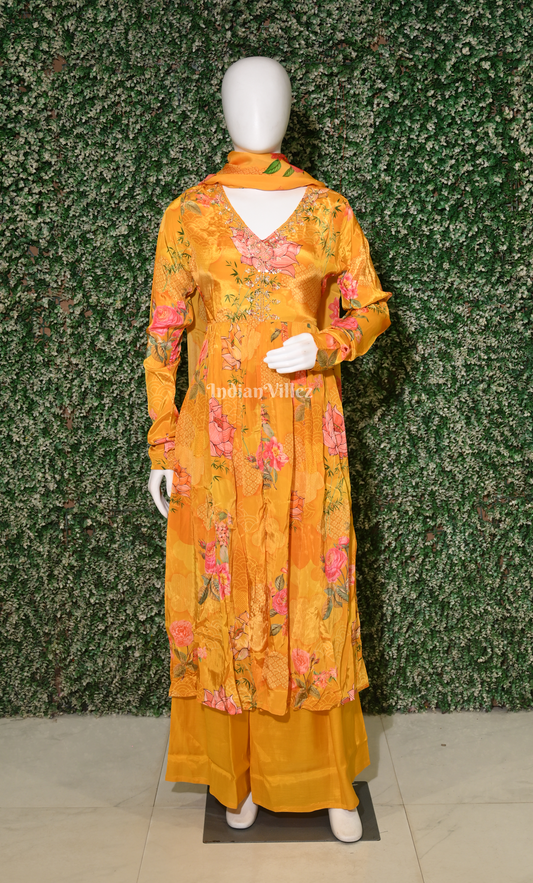 Yellow Floral-Printed Georgette Anarkali kurta Plazzoo with Dupatta Set