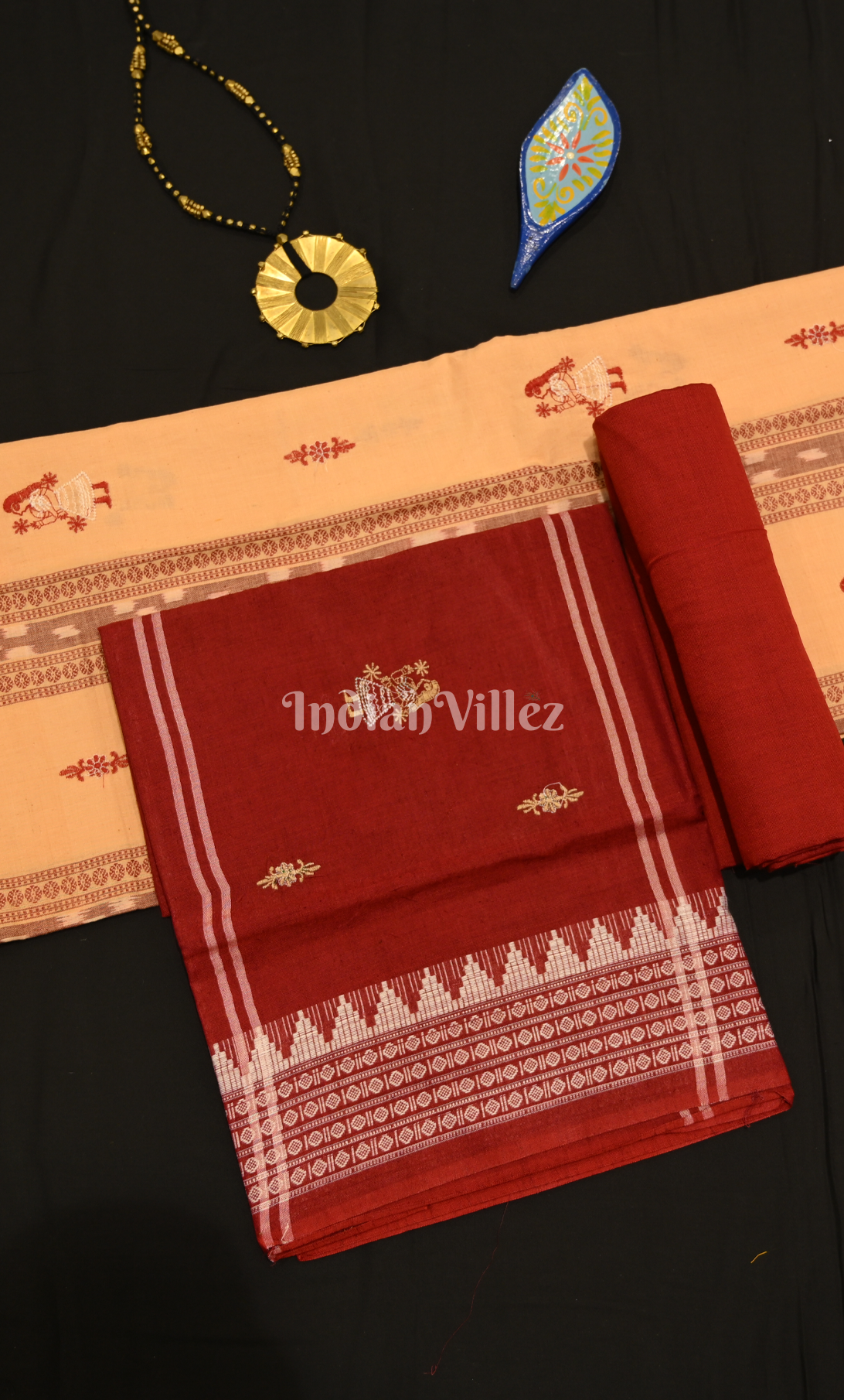 Beige Red Doll Odisha Ikat Sambalpuri Cotton Dress set with Dupatta