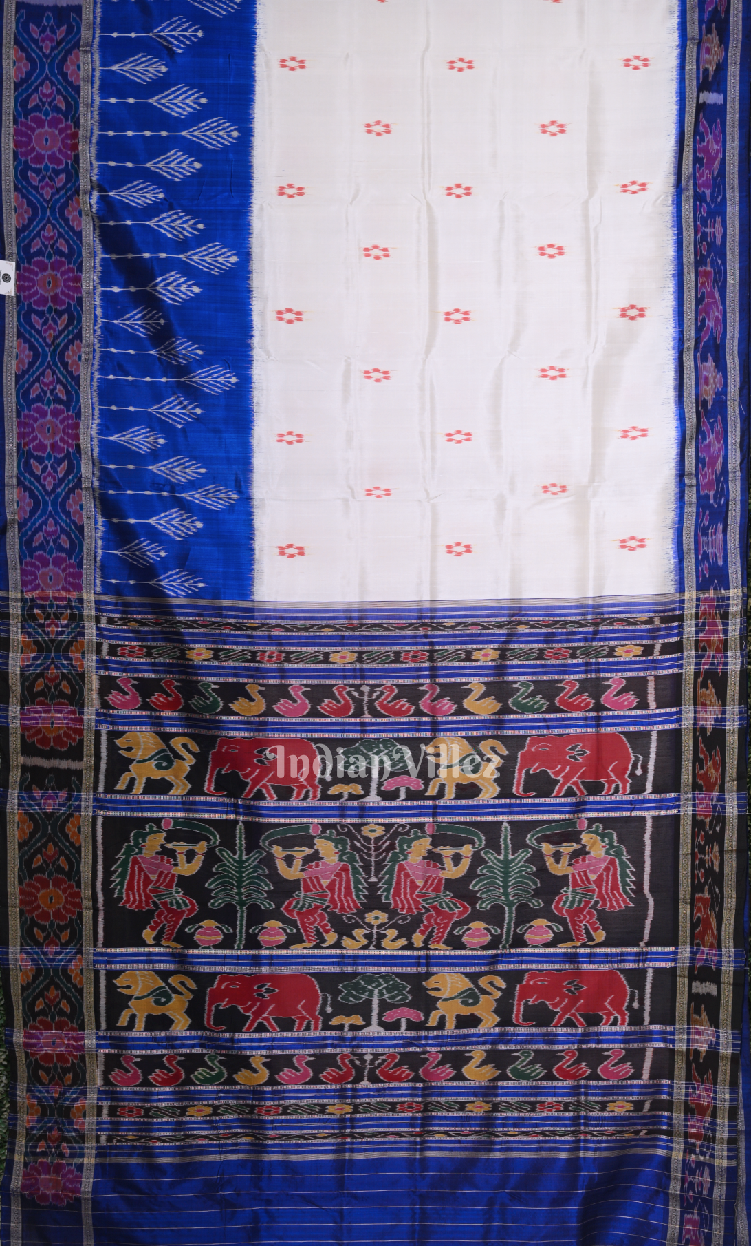 White Blue Dot Half Odisha Ikat Khandua Silk Saree 