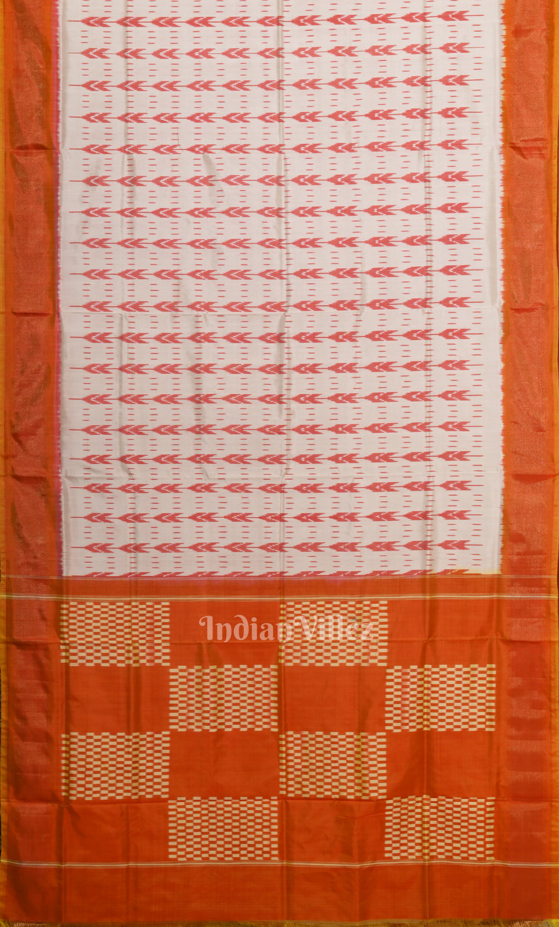 White Orange Pochampally Ikat Silk Saree 