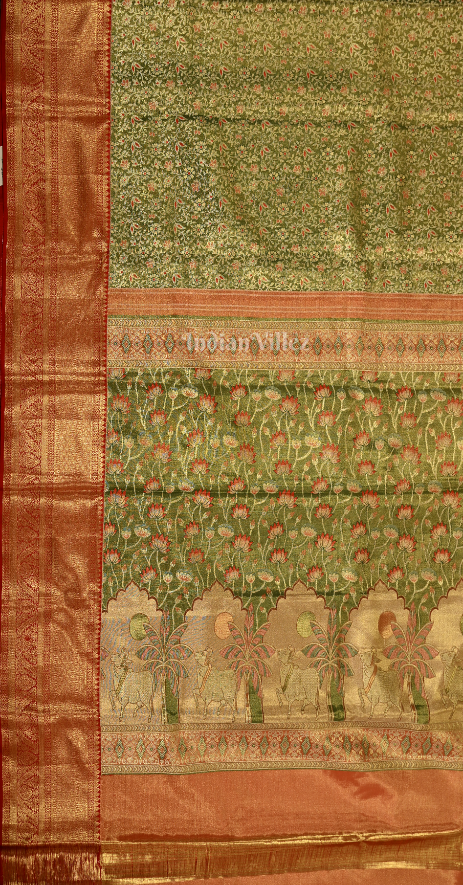 Exclusive Mehendi Green Red Pure Kanjivaram Tissue Silk Saree 