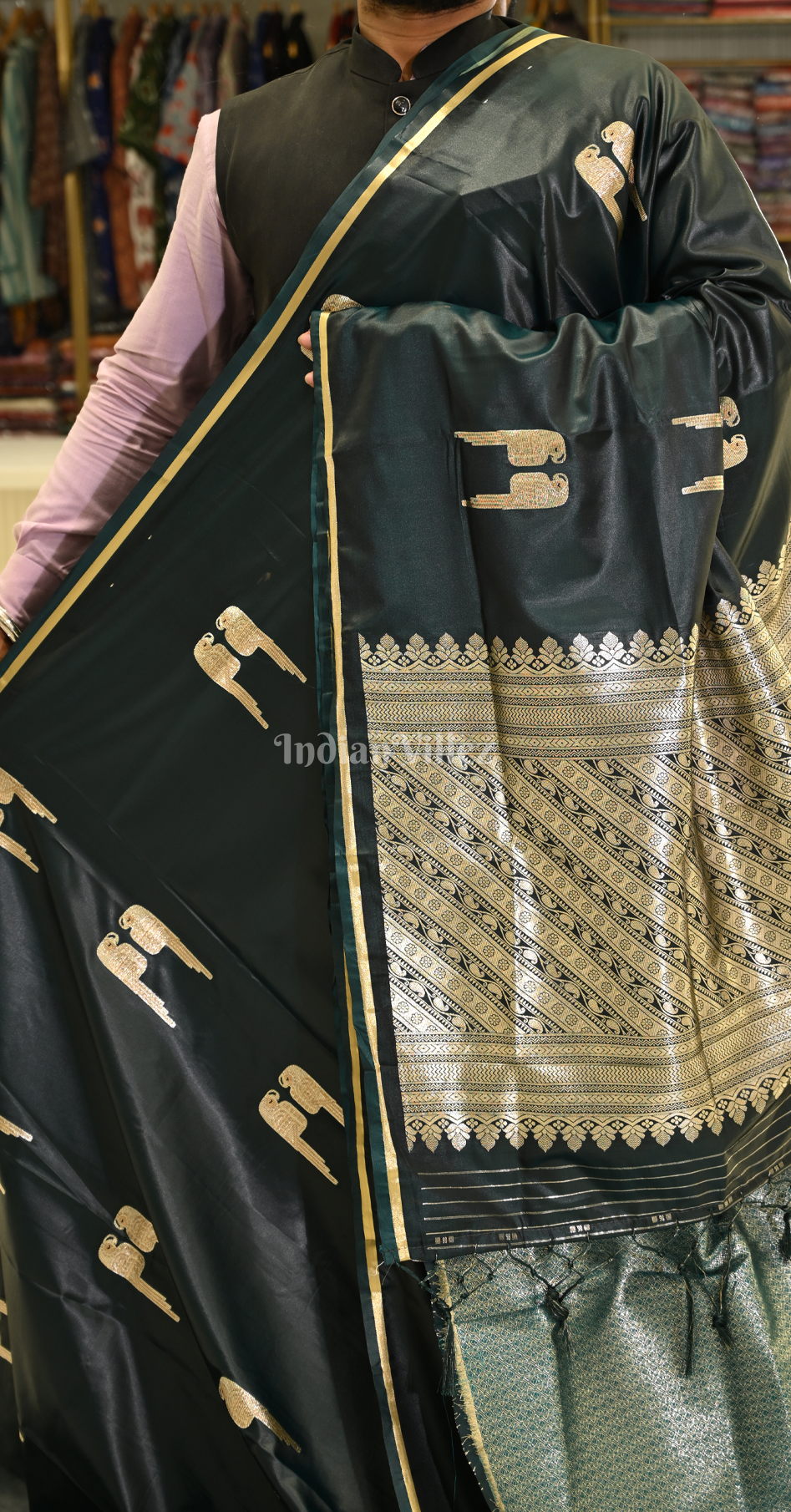 Bottle Green Mashru Satin Banarasi Silk Saree