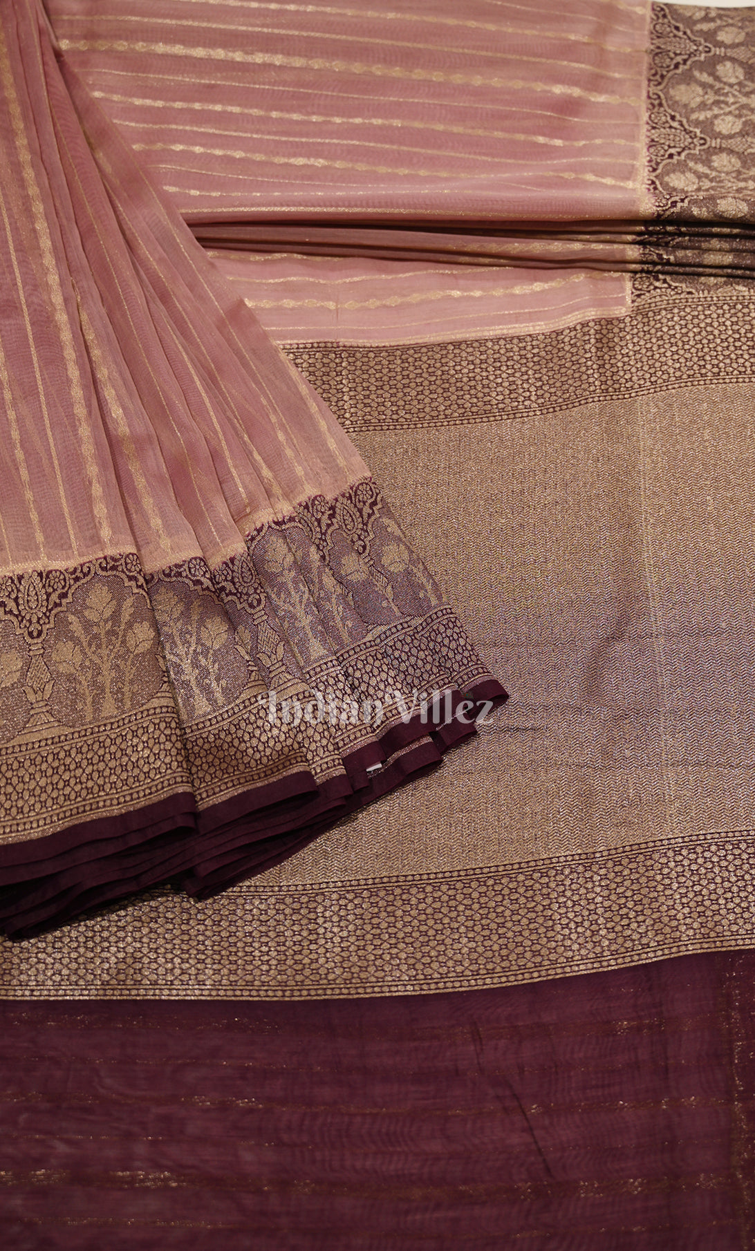 Peach Coffee Pure Monga Muslin Banarasi Silk Saree