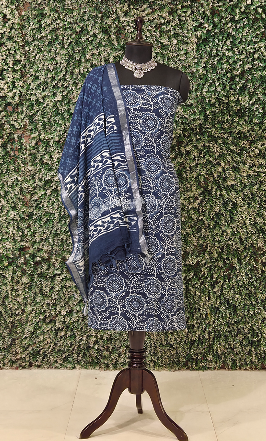 Navy Blue Dabu Block Printed Cotton Suit Sets