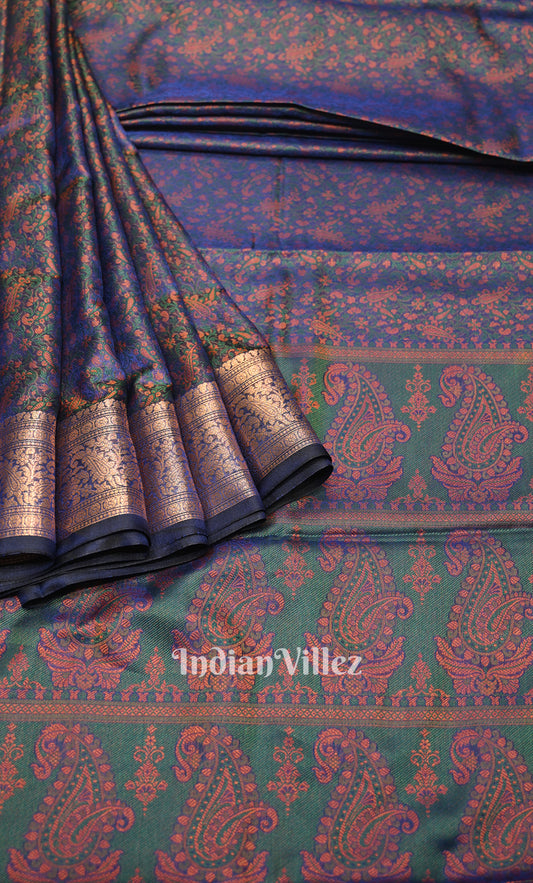 Peacock Blue Dual Tone  Floral Tanchoi Silk Banrasi Saree