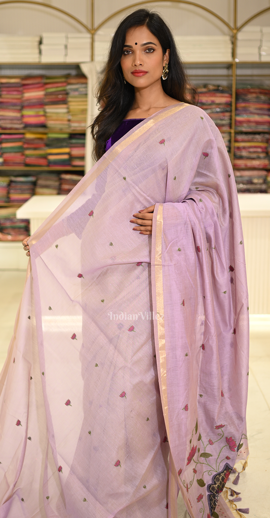 Lavendar Linen Cotton Pichwai Saree with Zari Border 