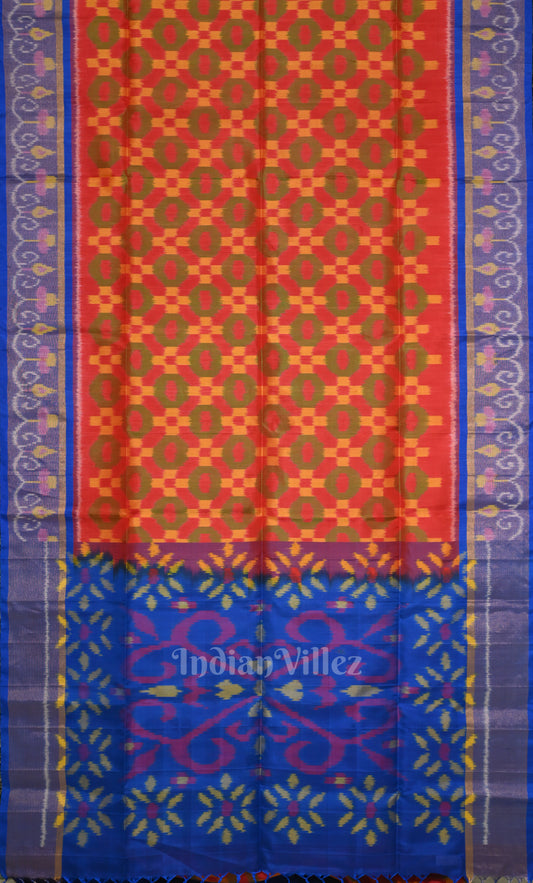 Orange Blue Pochampally Ikat Silk Saree
